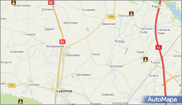mapa Tylice gmina Łysomice, Tylice gmina Łysomice na mapie Targeo