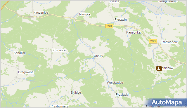 mapa Urzuty gmina Nowogród Bobrzański, Urzuty gmina Nowogród Bobrzański na mapie Targeo