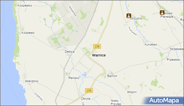 mapa Warnice powiat pyrzycki, Warnice powiat pyrzycki na mapie Targeo