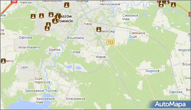 mapa Wąwał gmina Tomaszów Mazowiecki, Wąwał gmina Tomaszów Mazowiecki na mapie Targeo