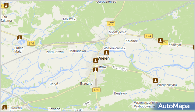 mapa Wieleń powiat czarnkowsko-trzcianecki, Wieleń powiat czarnkowsko-trzcianecki na mapie Targeo