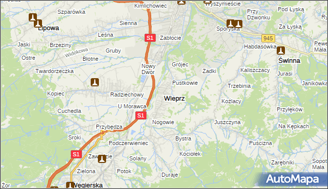 mapa Wieprz gmina Radziechowy-Wieprz, Wieprz gmina Radziechowy-Wieprz na mapie Targeo