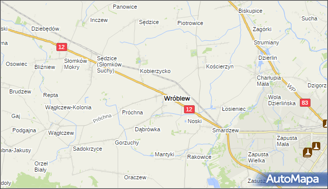 mapa Wróblew powiat sieradzki, Wróblew powiat sieradzki na mapie Targeo