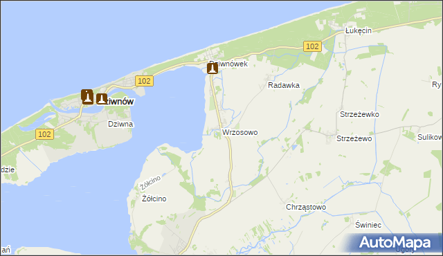 mapa Wrzosowo gmina Kamień Pomorski, Wrzosowo gmina Kamień Pomorski na mapie Targeo