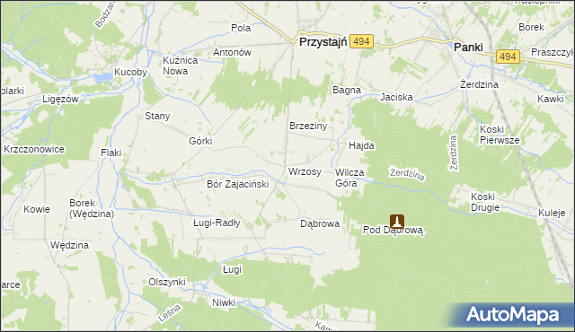 mapa Wrzosy gmina Przystajń, Wrzosy gmina Przystajń na mapie Targeo