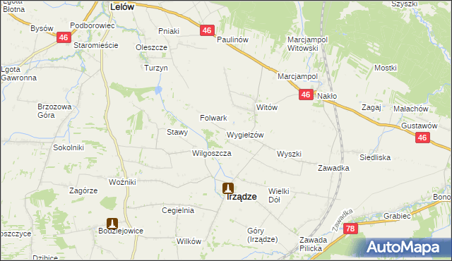 mapa Wygiełzów gmina Irządze, Wygiełzów gmina Irządze na mapie Targeo