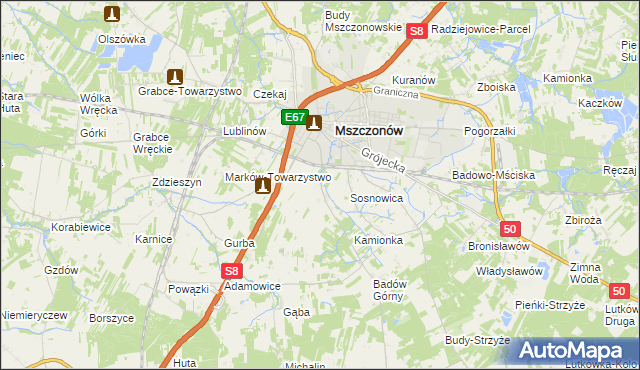 mapa Wymysłów gmina Mszczonów, Wymysłów gmina Mszczonów na mapie Targeo
