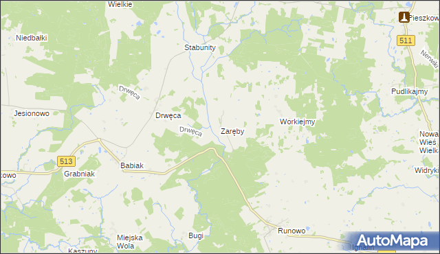 mapa Zaręby gmina Lidzbark Warmiński, Zaręby gmina Lidzbark Warmiński na mapie Targeo