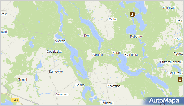 mapa Zarośle gmina Zbiczno, Zarośle gmina Zbiczno na mapie Targeo