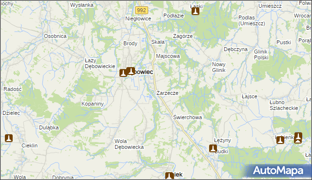 mapa Zarzecze gmina Dębowiec, Zarzecze gmina Dębowiec na mapie Targeo