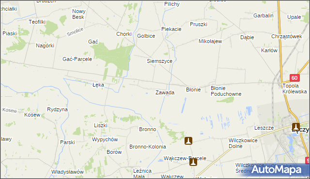mapa Zawada gmina Łęczyca, Zawada gmina Łęczyca na mapie Targeo