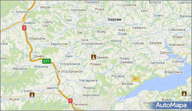 mapa Zawada gmina Myślenice, Zawada gmina Myślenice na mapie Targeo
