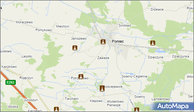 mapa Zawada gmina Poniec, Zawada gmina Poniec na mapie Targeo