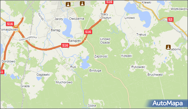 mapa Zazdrość gmina Stawiguda, Zazdrość gmina Stawiguda na mapie Targeo