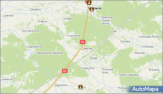 mapa Zieleniec gmina Sadowne, Zieleniec gmina Sadowne na mapie Targeo
