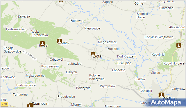 mapa Złota powiat pińczowski, Złota powiat pińczowski na mapie Targeo