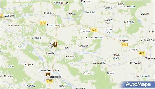 mapa Zofiówka gmina Drużbice, Zofiówka gmina Drużbice na mapie Targeo