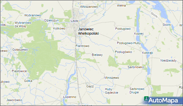 mapa Bielawy gmina Janowiec Wielkopolski, Bielawy gmina Janowiec Wielkopolski na mapie Targeo