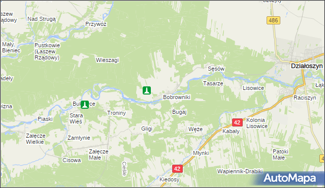 mapa Bobrowniki gmina Działoszyn, Bobrowniki gmina Działoszyn na mapie Targeo