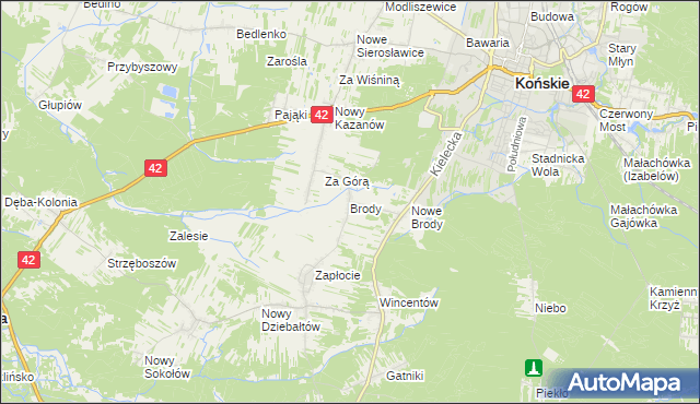 mapa Brody gmina Końskie, Brody gmina Końskie na mapie Targeo