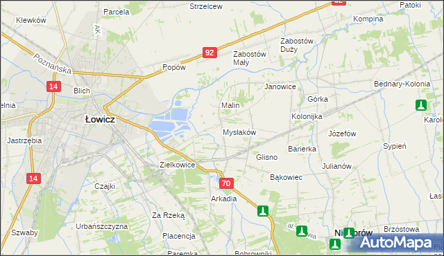 mapa Mysłaków gmina Nieborów, Mysłaków gmina Nieborów na mapie Targeo