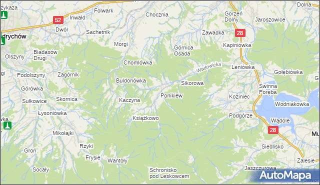 mapa Ponikiew gmina Wadowice, Ponikiew gmina Wadowice na mapie Targeo