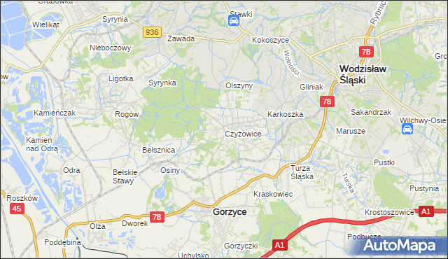 mapa Czyżowice gmina Gorzyce, Czyżowice gmina Gorzyce na mapie Targeo