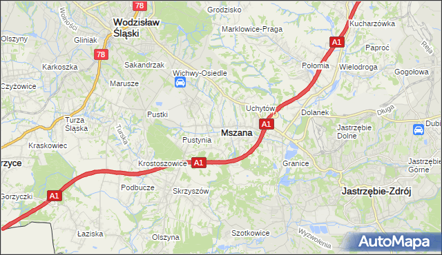 mapa Mszana powiat wodzisławski, Mszana powiat wodzisławski na mapie Targeo