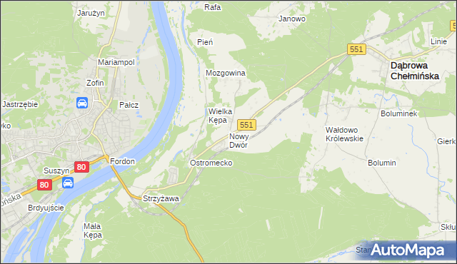 mapa Nowy Dwór gmina Dąbrowa Chełmińska, Nowy Dwór gmina Dąbrowa Chełmińska na mapie Targeo