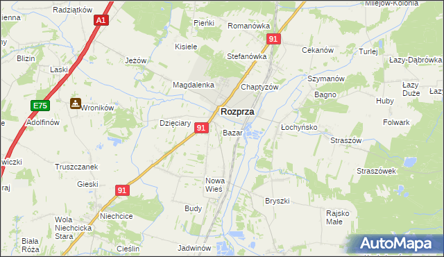mapa Bazar gmina Rozprza, Bazar gmina Rozprza na mapie Targeo