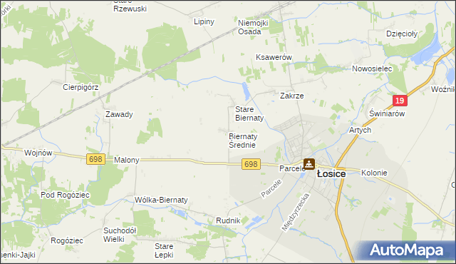 mapa Biernaty Średnie, Biernaty Średnie na mapie Targeo