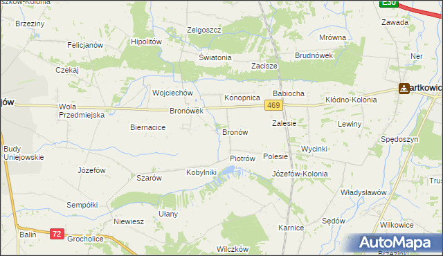 mapa Bronów gmina Wartkowice, Bronów gmina Wartkowice na mapie Targeo