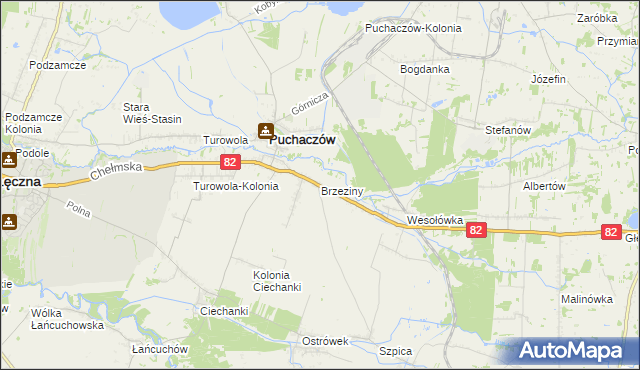 mapa Brzeziny gmina Puchaczów, Brzeziny gmina Puchaczów na mapie Targeo