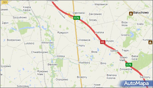 mapa Chojny gmina Lubień Kujawski, Chojny gmina Lubień Kujawski na mapie Targeo