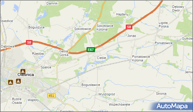 mapa Cieśle gmina Oleśnica, Cieśle gmina Oleśnica na mapie Targeo