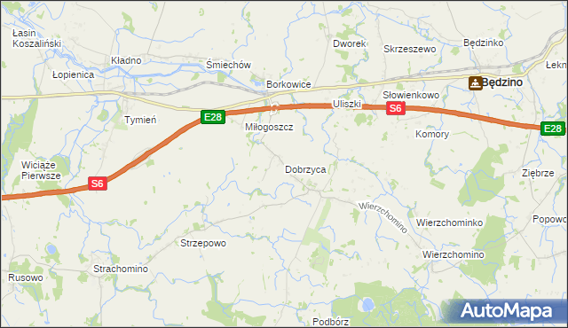 mapa Dobrzyca gmina Będzino, Dobrzyca gmina Będzino na mapie Targeo