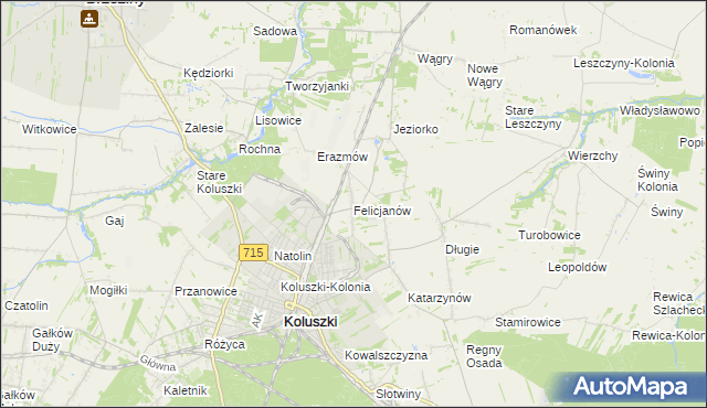mapa Felicjanów gmina Koluszki, Felicjanów gmina Koluszki na mapie Targeo