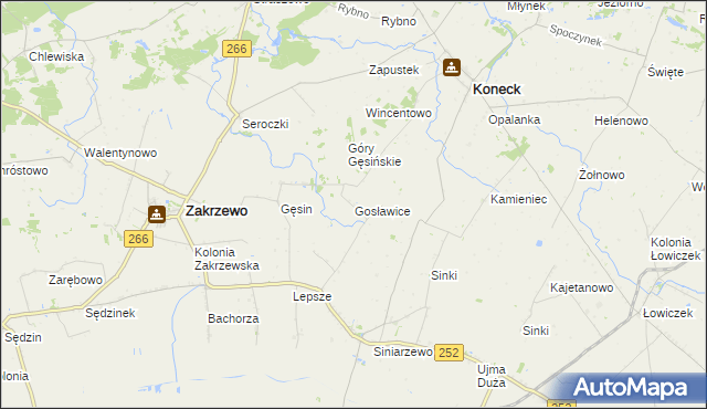 mapa Gosławice gmina Zakrzewo, Gosławice gmina Zakrzewo na mapie Targeo