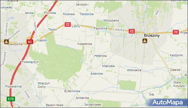 mapa Helenów gmina Brzeziny, Helenów gmina Brzeziny na mapie Targeo