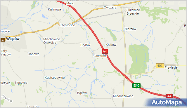 mapa Jaworów gmina Wiązów, Jaworów gmina Wiązów na mapie Targeo