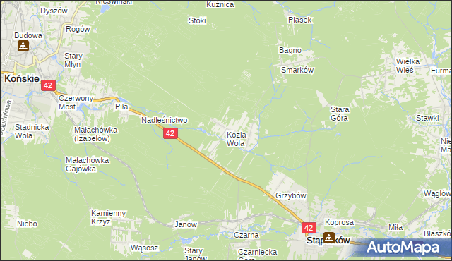 mapa Kozia Wola gmina Stąporków, Kozia Wola gmina Stąporków na mapie Targeo