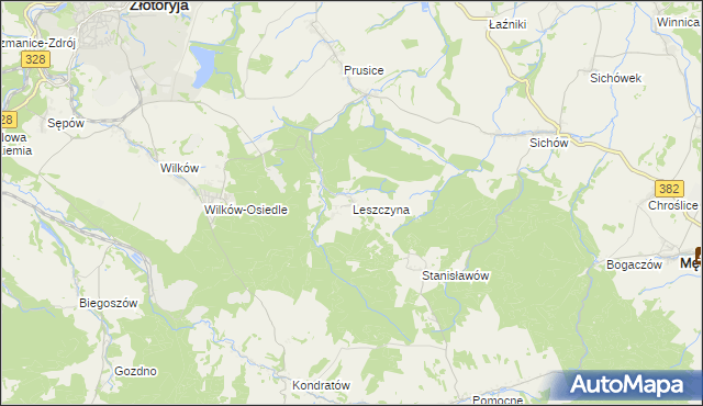 mapa Leszczyna gmina Złotoryja, Leszczyna gmina Złotoryja na mapie Targeo