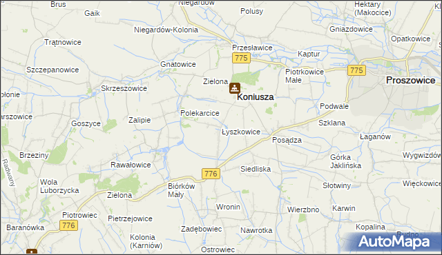 mapa Łyszkowice gmina Koniusza, Łyszkowice gmina Koniusza na mapie Targeo