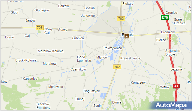 mapa Młynów gmina Piątek, Młynów gmina Piątek na mapie Targeo