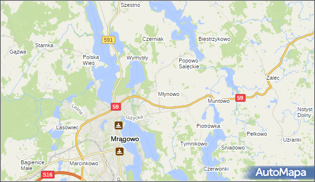 mapa Młynowo gmina Mrągowo, Młynowo gmina Mrągowo na mapie Targeo