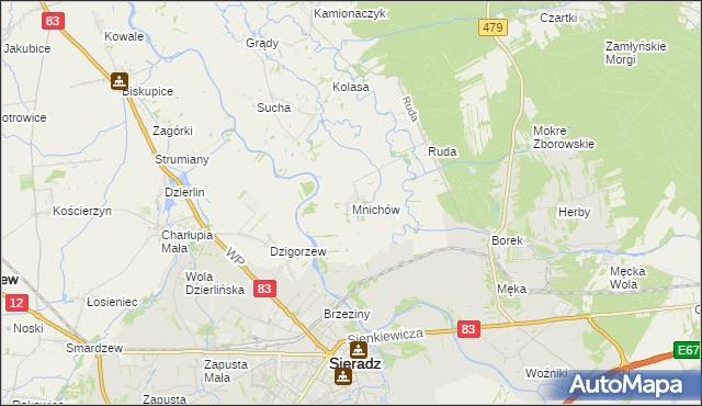 mapa Mnichów gmina Sieradz, Mnichów gmina Sieradz na mapie Targeo