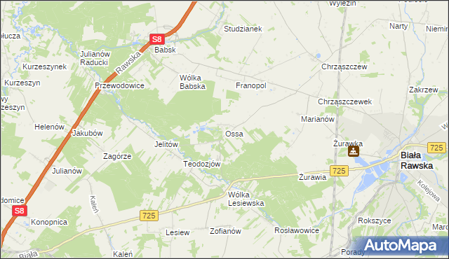 mapa Ossa gmina Biała Rawska, Ossa gmina Biała Rawska na mapie Targeo