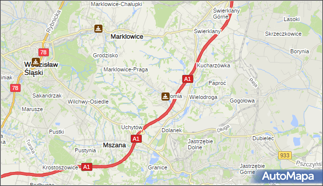 mapa Połomia gmina Mszana, Połomia gmina Mszana na mapie Targeo