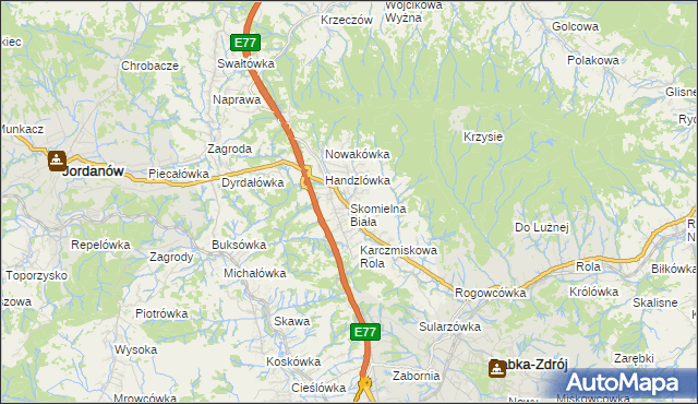 mapa Skomielna Biała, Skomielna Biała na mapie Targeo