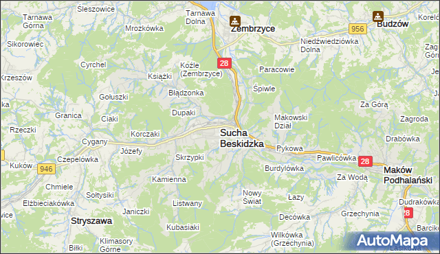 mapa Sucha Beskidzka, Sucha Beskidzka na mapie Targeo